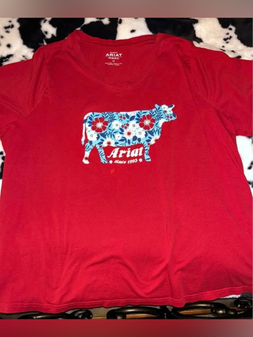 Ariat Red Short-Sleeve Tee with Blue Floral Cow Graphic